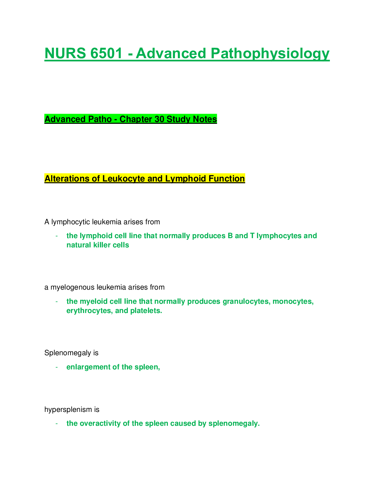Preview image of NURS 6501 / NURS6501: Advanced Pathophysiology - Chapter 30 Study Notes (Latest Update) Walden University document